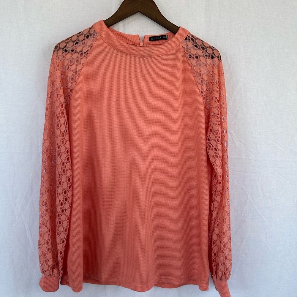 Women's Coral Lace Sleeve Waffle Knit Top by Miholl, Size XXL Spring, Flowy